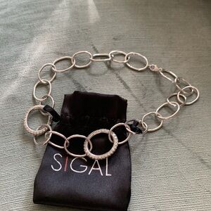 SIGAL Oval Chain Link 925 Silver Necklace With Rhinestones